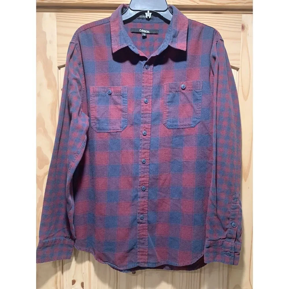 Carbon Large Long Sleeve Vintage Flannel Plaid Button Down Classic Shirt - Picture 4 of 7